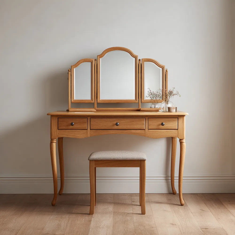 Wooden Dressing Table 120x45x75 cm with Tri-Folding Mirror and Stool - Oak Finish - Classic Design