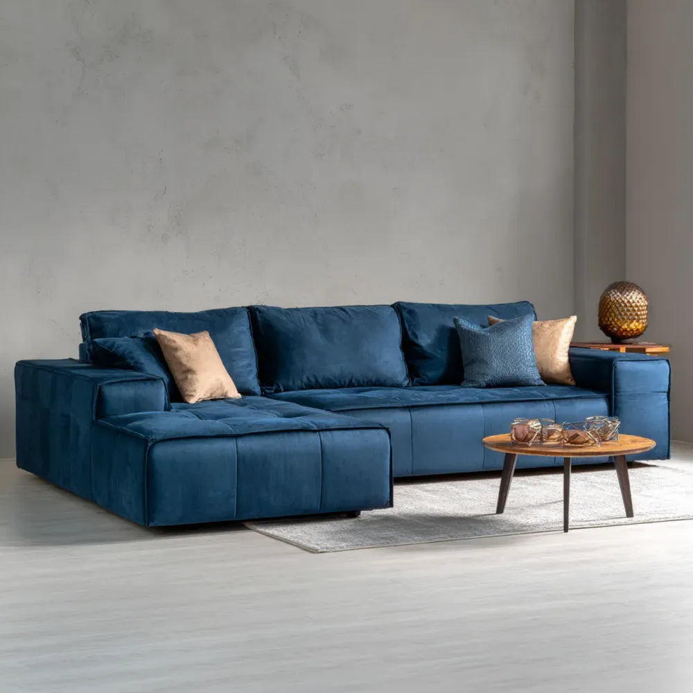 Sectional Sofa Velvet Upholstery 300x100x90 cm - Blue - Contemporary Design
