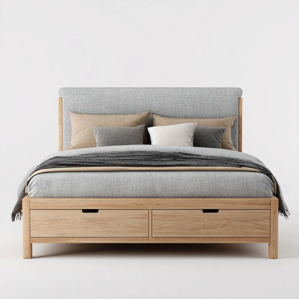 Double Bed with Storage - Wood Frame 200x150x100 cm - Light Gray - Modern Design
