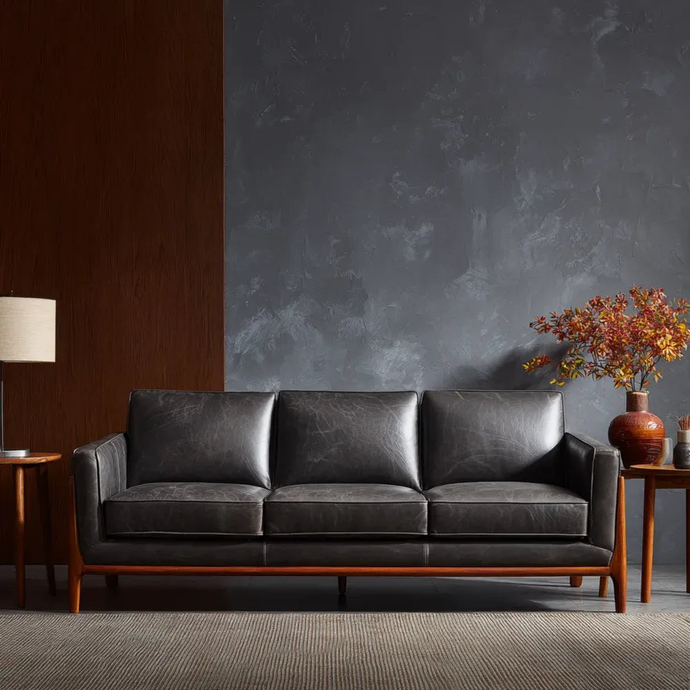 Leather Sofa - 210x80x85 cm - Black - Mid-Century Modern