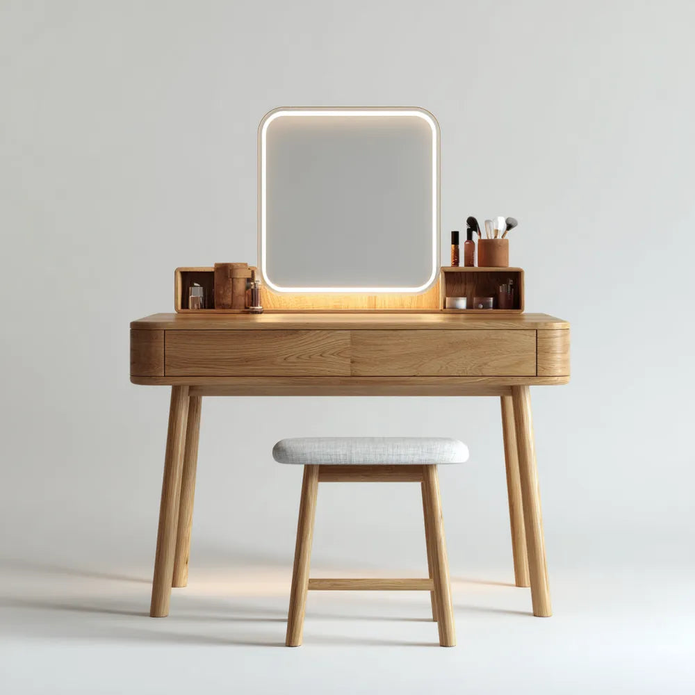 Wood Dressing Table with LED Mirror and Stool - 120x45x140 cm - Natural
